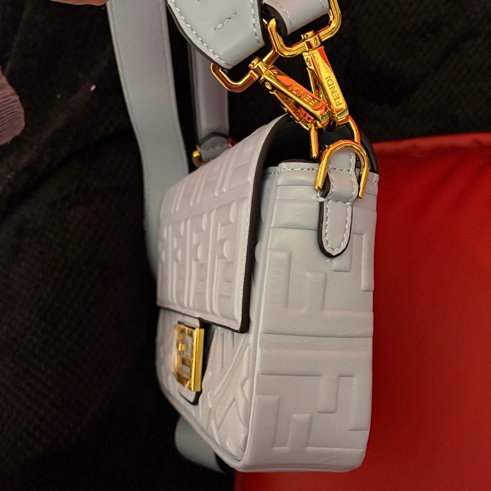 Blue “F” Embossed Shoulder Bag with Gold Accents - Picture 8 of 13